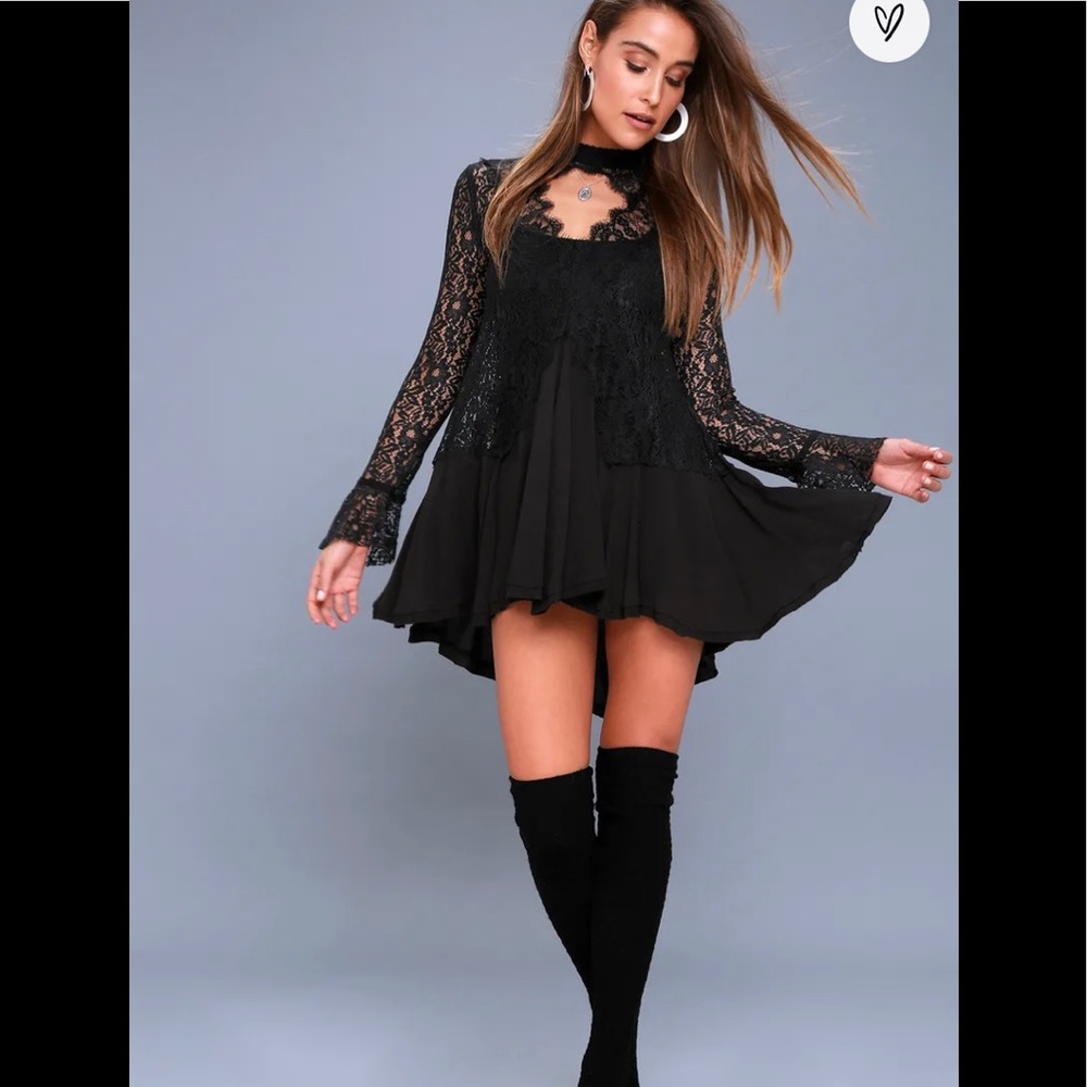 Free People Tell Tale black lace tunic mini dress. Size Medium